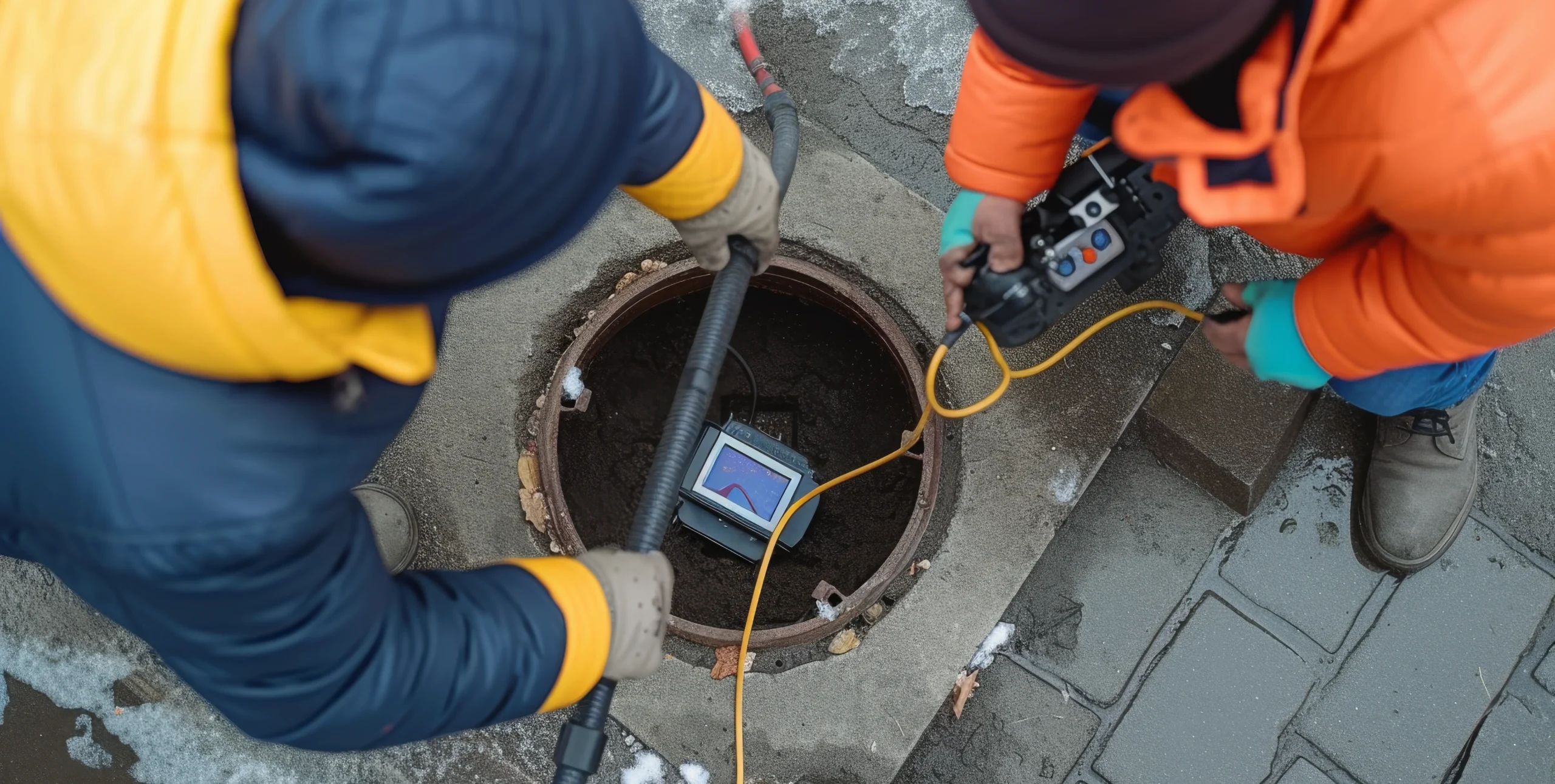 plumbers-checking-sewer-manhole-with-borescope-inspection-camera